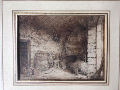  Eugène ISABEY (1803-1886) La grange Plume et lavis de bistre. 14 x 18 cm	 