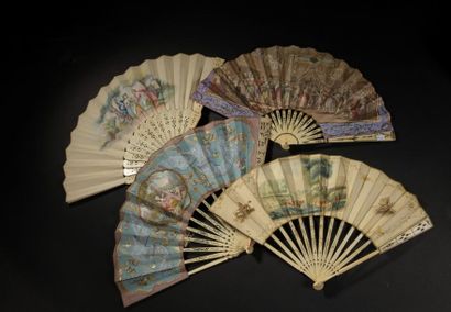 null Reunion of four fans, 19th century
Three folded fans with bone and ivory mounts;...