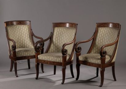 null SUITE OF THREE FALLS Charles X period frame gondolas 
In light wood marquetry...