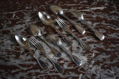 Three pieces of cutlery and a silver spoon,...