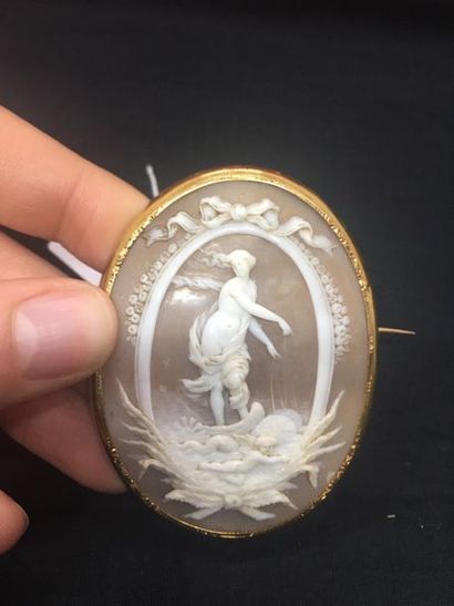null 750°/00 yellow gold brooch decorated with a large shell cameo featuring a goddess
(Amphitrite?)...