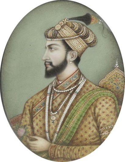 null École INDIENNE de la seconde moitié du XIXe siècle
Portrait de Shah Jahan
Gouache.
6,8...