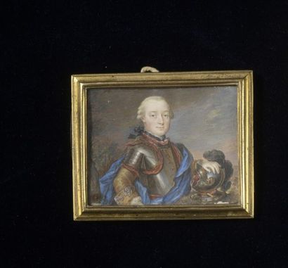 null École FRANÇAISE vers 1760
Portrait d'un officier en cuirasse
Gouache.
5,6 x...
