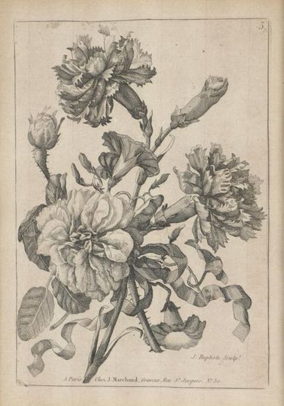 null After Jean-Baptiste MONNOYER, 18th c.
Two engravings of flowers, framed in the...