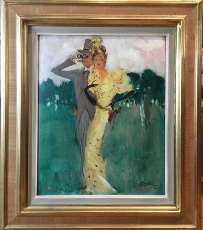 null Jean Gabriel DOMERGUE (1889-1962) 
Aux courses
Oil on cardboard.
Signed lower...