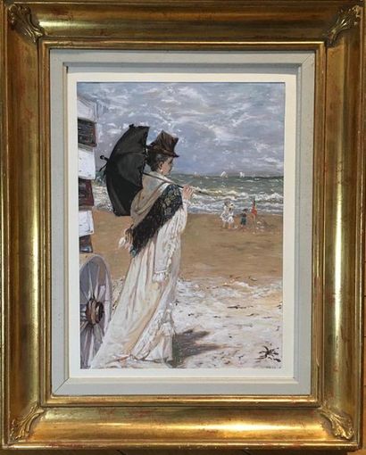 null École FRANÇAISE early 20th century
Elegant on the beach
Gouache.
Signed lower...
