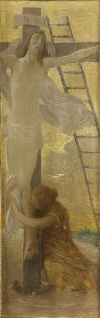  Henry LEROLLE (1848 - 1929) 
Crucifixion 
Huile sur toile. 
65 x 20,5 cm