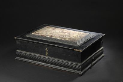  A late 17th century blackened wood, ebony, cedar and pink marble box 
The tray with...