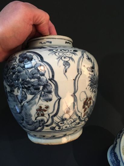  Vase en porcelaine bleu blanc et rouge de cuivre 
Japon, XVIIe siècle 
À décor d'oiseau...