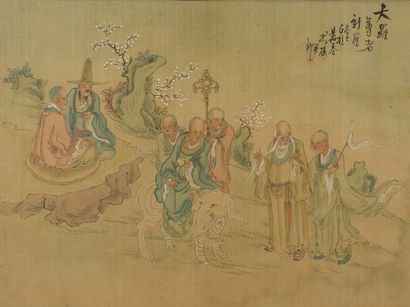  Six peintures à l'encre et couleur sur soie 
Chine 
Représentant des scènes animées...
