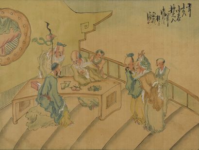  Six peintures à l'encre et couleur sur soie 
Chine 
Représentant des scènes animées...