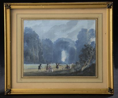  In the taste of MONGIN, 19th century. 
Characters in landscapes. 
Two gouaches....