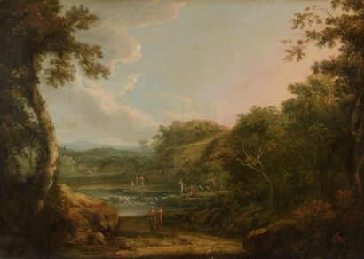 null Attributed to Richard WILSON (1714-1782) 

Walkers and fishermen near a waterfall

Canvas.

75...