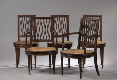 null Pair of mahogany and mahogany veneer armchairs and three chairs

and carved...