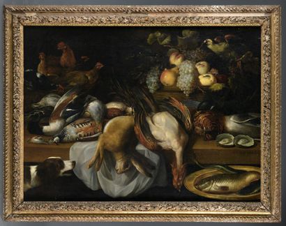 Pieter VAN BOUCLE (vers 1610-1673) 
Nature morte de gibier et fruits 
Toile. 
Monogrammé...
