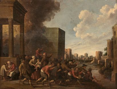  Joost Cornelisz DROOCHSLOOT (Utrecht 1586-1666) 
Paysans fuyant un incendie 
Panneau...