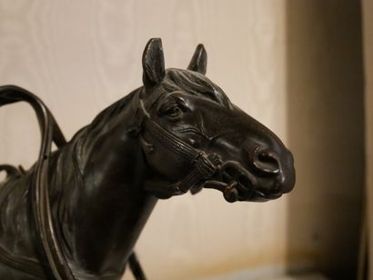  Ground floor 
20th century French school 
Horse in harness 
Bronze 
H. 28,5 cm 
Accidents...
