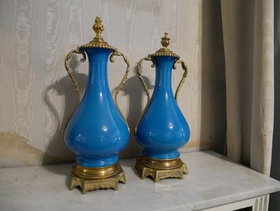 null Rez-de-chaussée 

Paire de bouteilles en porcelaine bleue montée en bronze,...