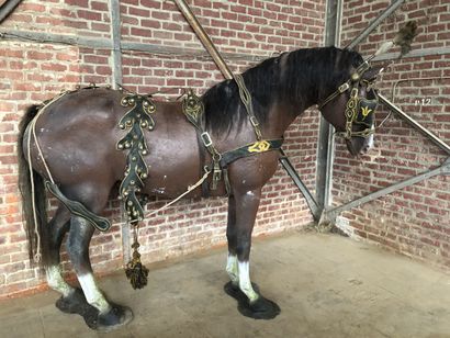 Rare green and yellow cloth and leather sled...