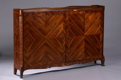 MEUBLE BIBLIOTHEQUE 
Louis XV style veneer and marquetry bookcase opening with two...