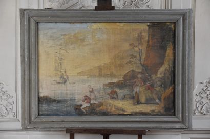  18th century molded and lacquered wood door top 
Decorated with a harbour scene...