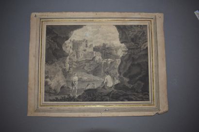  École FRANÇAISE du XVIIIe siècle 
Paysage animé à la ruine 
Mine de plomb, lavis...