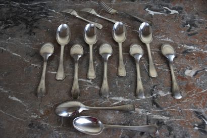  Eleven silver spoons and two silver forks hallmarked Minerve circa 1930 
One fork...