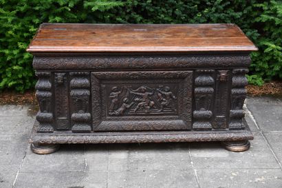 Moulded and carved oak chest, Burgundy 16th...