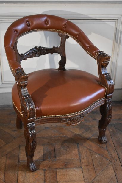 Natural wood moulded and carved desk chair,...