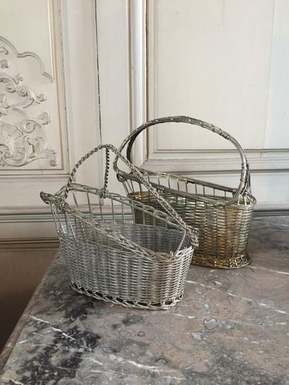 Two silver-plated metal bottle baskets