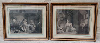 Pair of framed engravings representing genre...