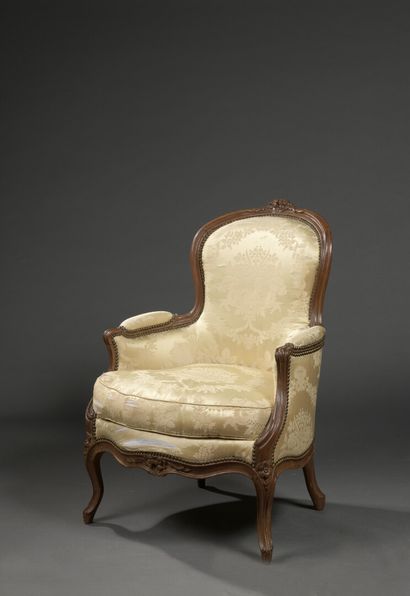 null A Louis XV period moulded and carved wood shepherd's chair stamped G. Iacob.

Decorated...