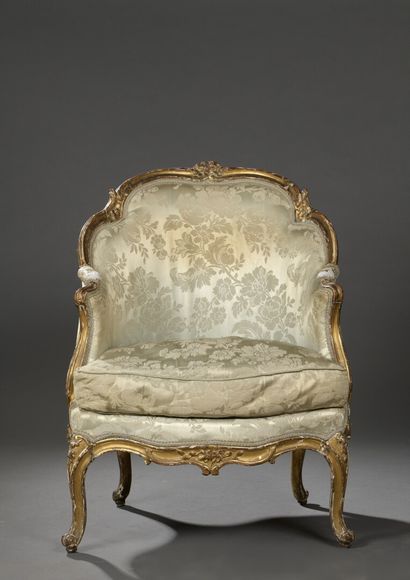 null A Louis XV period moulded, carved and gilded wooden shepherd's chair stamped...