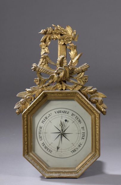 null Baromètre d'époque Louis XVI

À décor de trophée en bois mouluré, sculpté et...