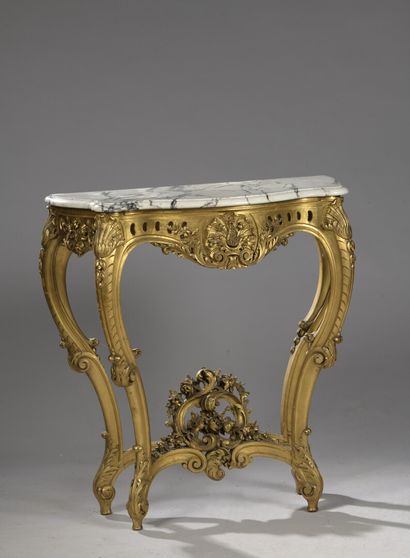 Console Louis XV style carved and gilded wood CONSOLE, grey veined white marble top....