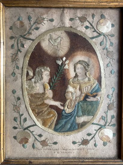 BRODERIE de soie Silk embroidery on paper depicting the Annunciation, 18th century...