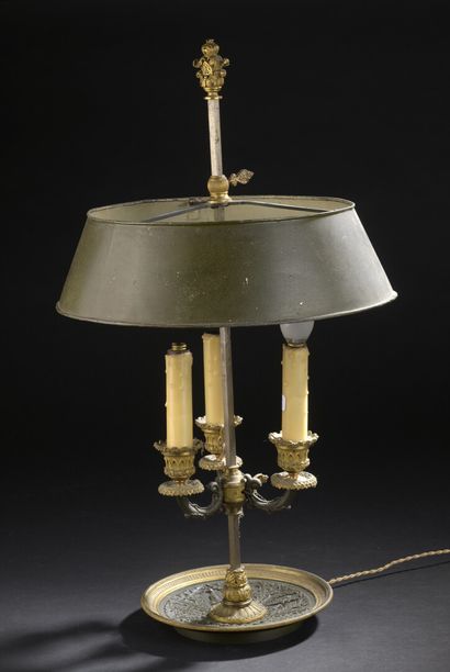  A Louis-Philippe period chased and patinated bronze hot water bottle lamp with troubadour...