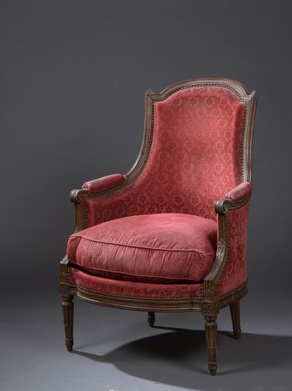  A Louis XVI period moulded and carved wood armchair, attributed to Dupain. 
With...