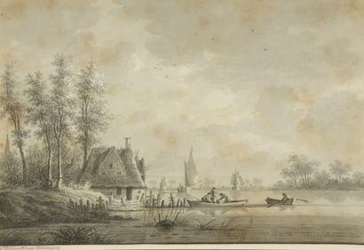  Nicolas WICART (Utrecht 1748-1815) 
Pêcheur au bord d'une rivière 
Crayon noir et...