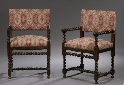 null A pair of natural wood moulded arm chairs with flat rectangular back, 17th century

With...