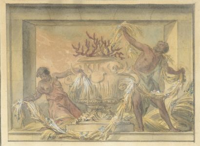  18th century FLEMISH school 
Africa and America 
Pair of gouache watercolors. 
Pen...