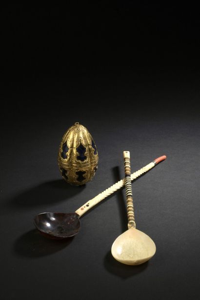 Two shell, ivory and coral spoons Turkey,...
