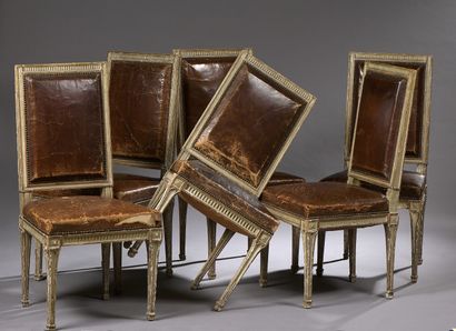  Suite de six chaises à dossier plat carré estampillées JANSEN de style Louis XVI...