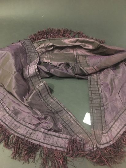 null Three pointed shawls, Second Empire, one in plum taffeta edged with gathers...