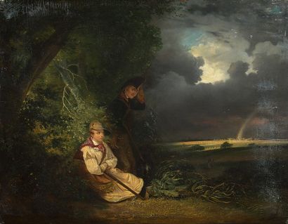  Attribué à Adam TOEPFFER (1766-1847) 
Couple de chasseurs dans un paysage 
Panneau....