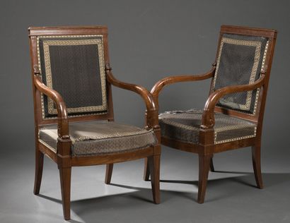  A pair of Empire period mahogany and mahogany veneer armchairs attributed to Bellanger...