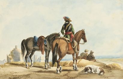  Joseph JACOPS (1806-1856) 
La halte des cavaliers, vers 1840 
Aquarelle. 
21 x 35...