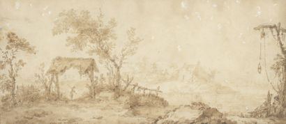  École FRANÇAISE du XVIIIe siècle 
Paysage fluvial animé 
Lavis brun sur traits de...