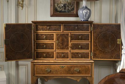  Walnut, burled walnut and end grain wood veneer cabinet, English work from the late...