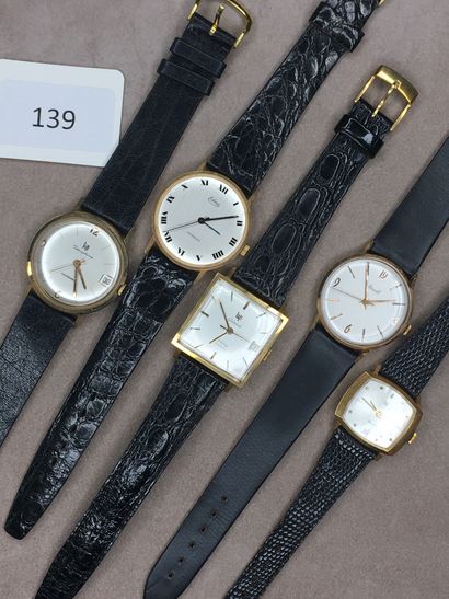 null Lot de cinq montres bracelet or jaune des marques Lipp, Edma et Dermont. Mouvements...